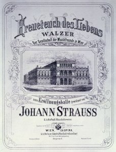 Poster pubblicitario di Freueteuch des Lebens, un valzer di Johann Strauss il Giovane